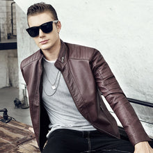 Load image into Gallery viewer, CustOmerS 2019 Autumn New Men&#39;s Casual Fashion Stand Collar Slim Leather Jacket Slim Solid Color Leather Jacket Men